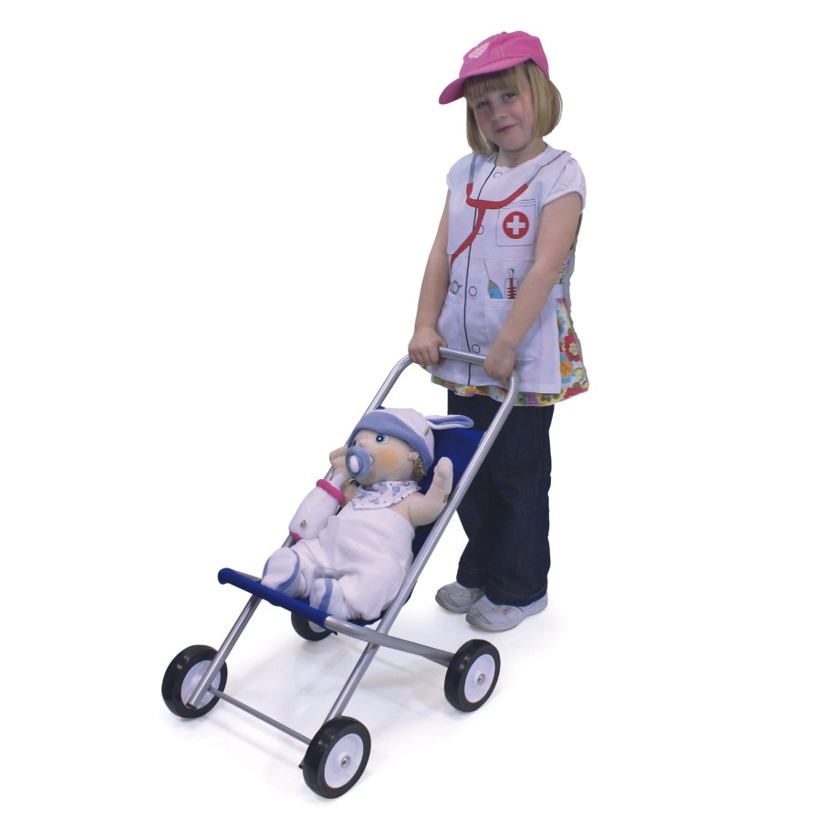 Role Play Educational Toys | Large Dolls Pushchair Silver With Blue Cover